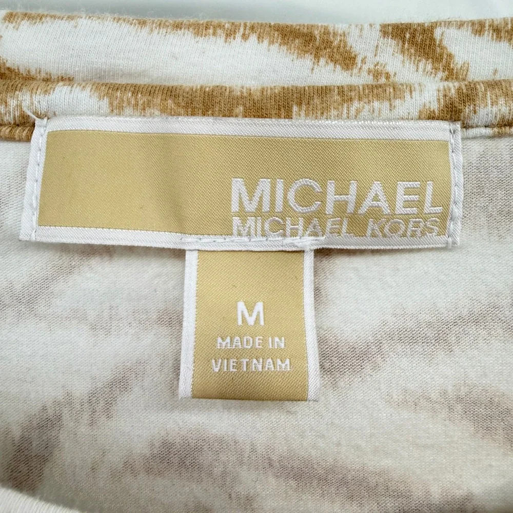 Michael Kors Womens Short Sleeve Tan T Shirt Zebra Print‎ Rhinestone Logo Size M
